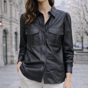 FRAME Lamb Leather Shirt Black S NWT Modern Minimalist Luxury Flaw